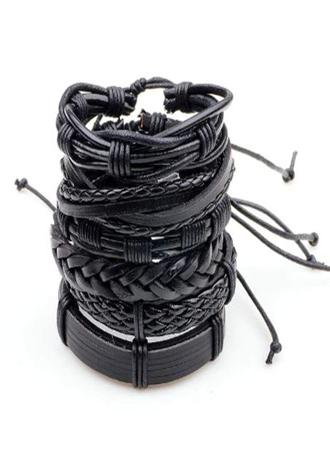 Peora Combo Pack of 6 Black Braided Leather Bracelet for Men Boys - Image 4
