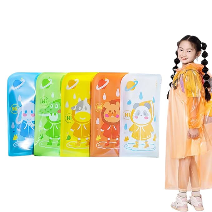 PATPAT® 5Pcs Kids Rain Coat Travel Set, Lightweight PVC Poncho for Boys & Girls, Hooded, Bright Colors, Transparent, Quick-Wear, Waterproof, Age 6-8, Outdoor/School/Theme Park Use - Image 1