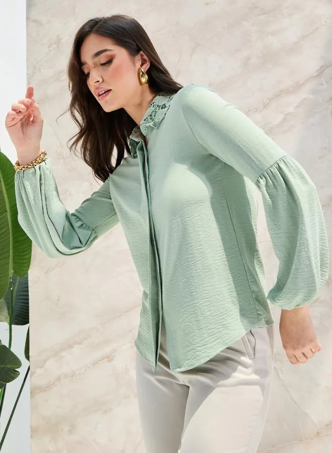 Styli Styli Lace Collar Relaxed Shirt with Concealed Placket