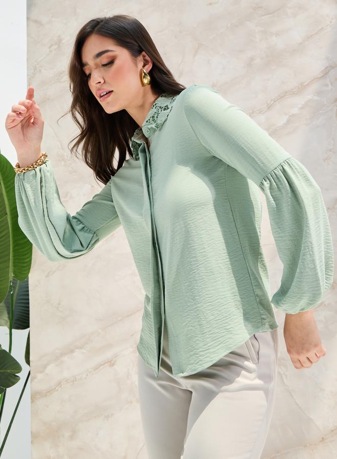 Styli Lace Collar Relaxed Shirt with Concealed Placket - Image 3