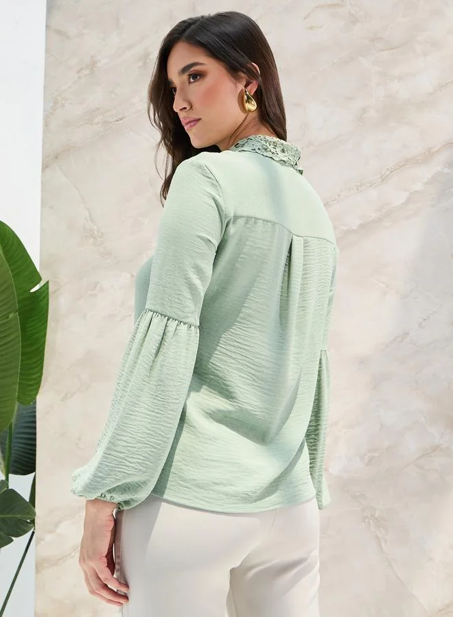 Styli Styli Lace Collar Relaxed Shirt with Concealed Placket