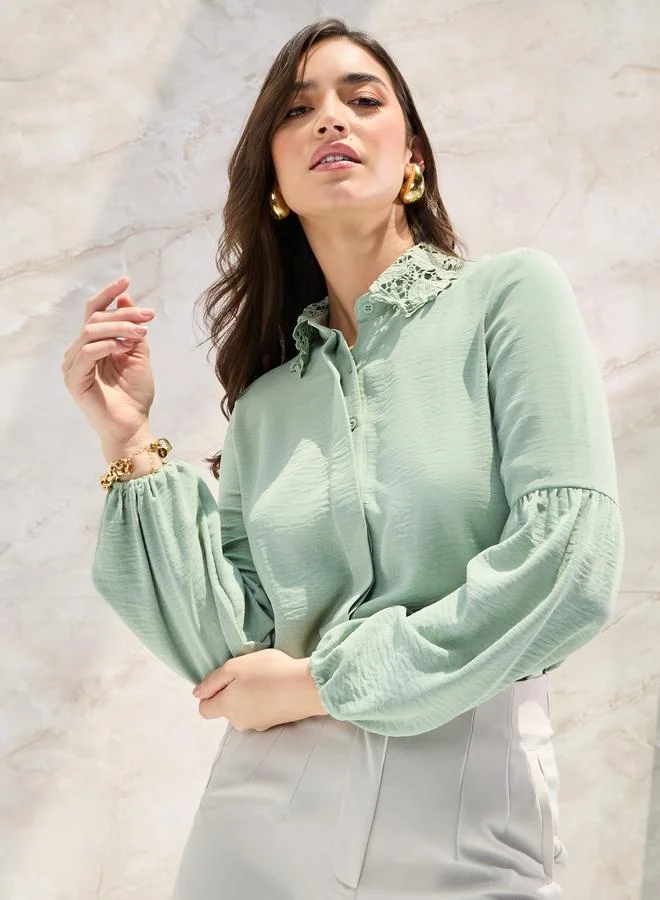 Styli Styli Lace Collar Relaxed Shirt with Concealed Placket