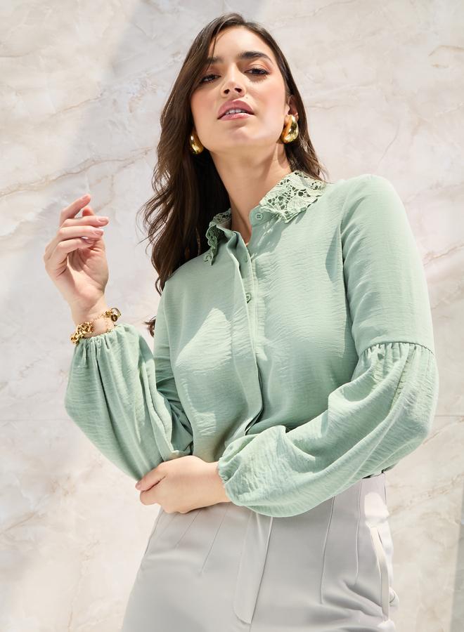 Styli Lace Collar Relaxed Shirt with Concealed Placket - Image 1