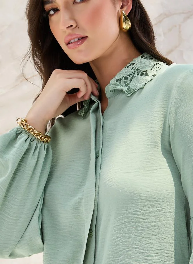 Styli Styli Lace Collar Relaxed Shirt with Concealed Placket