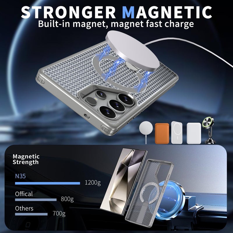 erorex For Samsung Galaxy S24 Ultra 5G Kalebol Honeycomb Cooling Magsafe Holder Phone Case(Titanium Grey) - Image 2