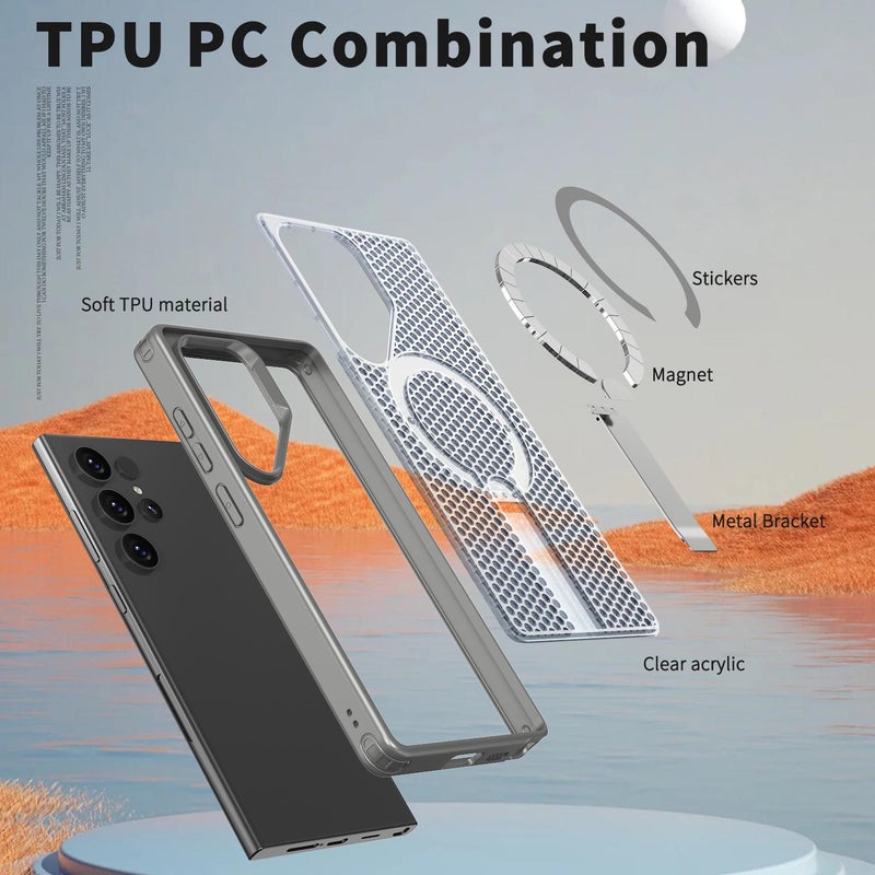 erorex For Samsung Galaxy S24 Ultra 5G Kalebol Honeycomb Cooling Magsafe Holder Phone Case(Titanium Grey) - Image 5