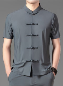 AROAQ Men's Summer Tang Suit Lightweight, Breathable Nylon Spandex Blend  Quick Dry Solid Color with Traditional Handcrafted Buttons And Stand Collar Chinese Traditional Dress Tang Suit Gray  - Image 1