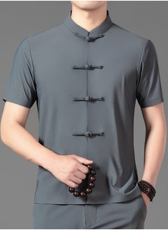 AROAQ Men's Summer Tang Suit Lightweight, Breathable Nylon Spandex Blend  Quick Dry Solid Color with Traditional Handcrafted Buttons And Stand Collar Chinese Traditional Dress Tang Suit Gray  - Image 4