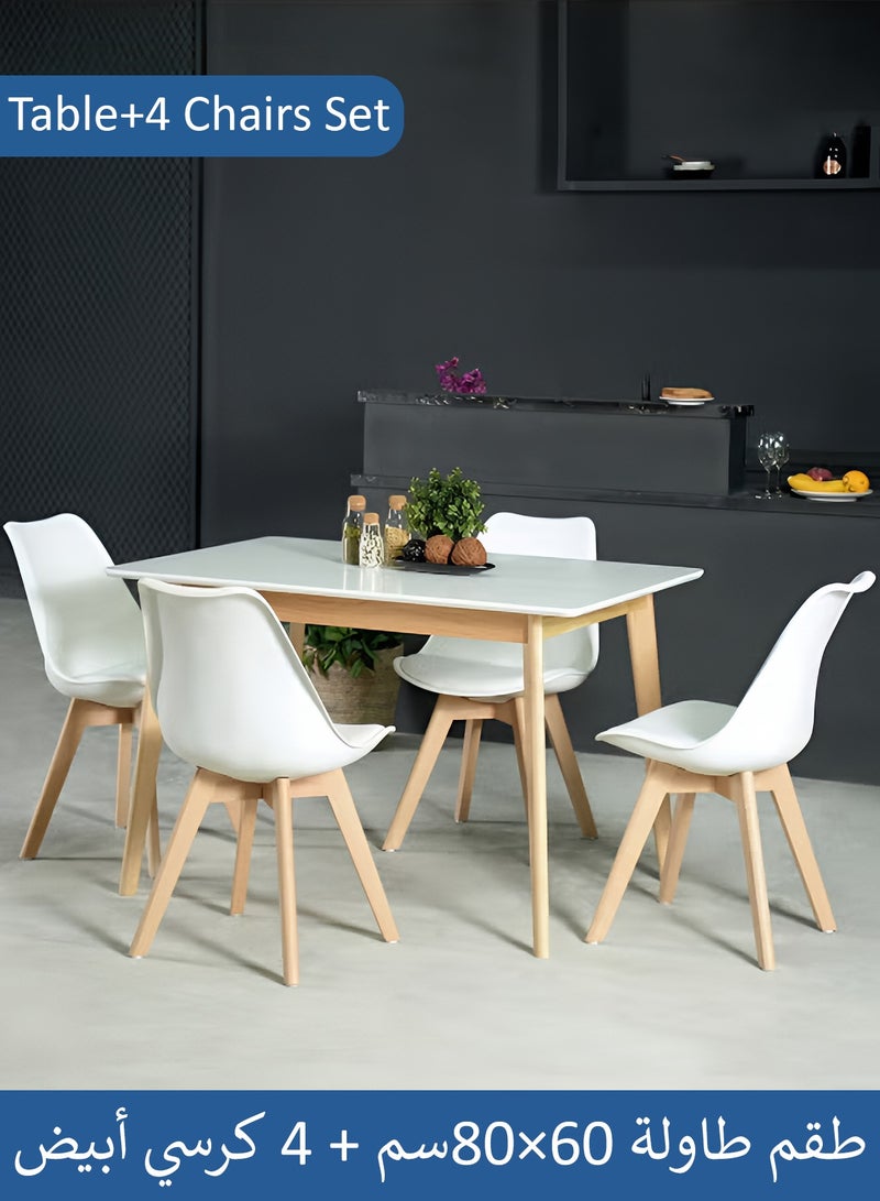 Taimi 5-Piece Dining Set, Modern Rectangular Dining Table with 4 Elegant Chairs | Solid White Wood Table 80x60x75cm with 4 White Mid Century Soft Padded Seats - Modern Side Chairs with Wooden Legs - Image 1