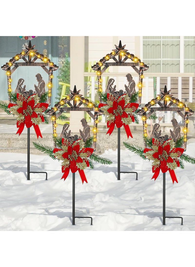 Moukeren Moukeren 4 Pcs Christmas Nativity Scene Yard Lights Metal Nativity Scene Outdoor Solar Stakes Christmas Yard Decoration for Xmas Outdoor Pathway Garden Lawns Garland  - Image 1