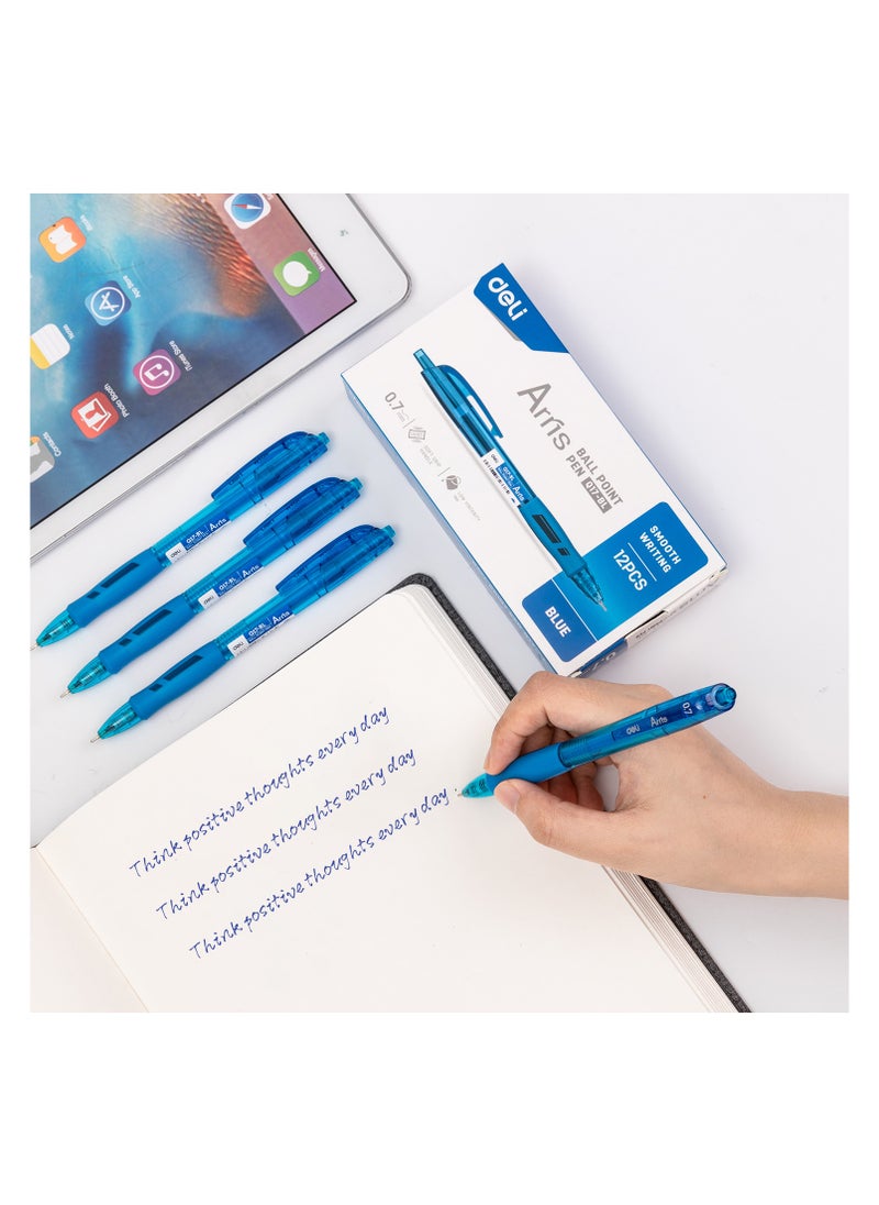 Deli Deli EQ17-BL ARRIX Retractable Ballpoint Pens - Fine Tip, Soft Grip Barrel, Blue Ink - Smooth Low-Viscosity Pens for Office & School (12PCS/Color Box)  - Image 3
