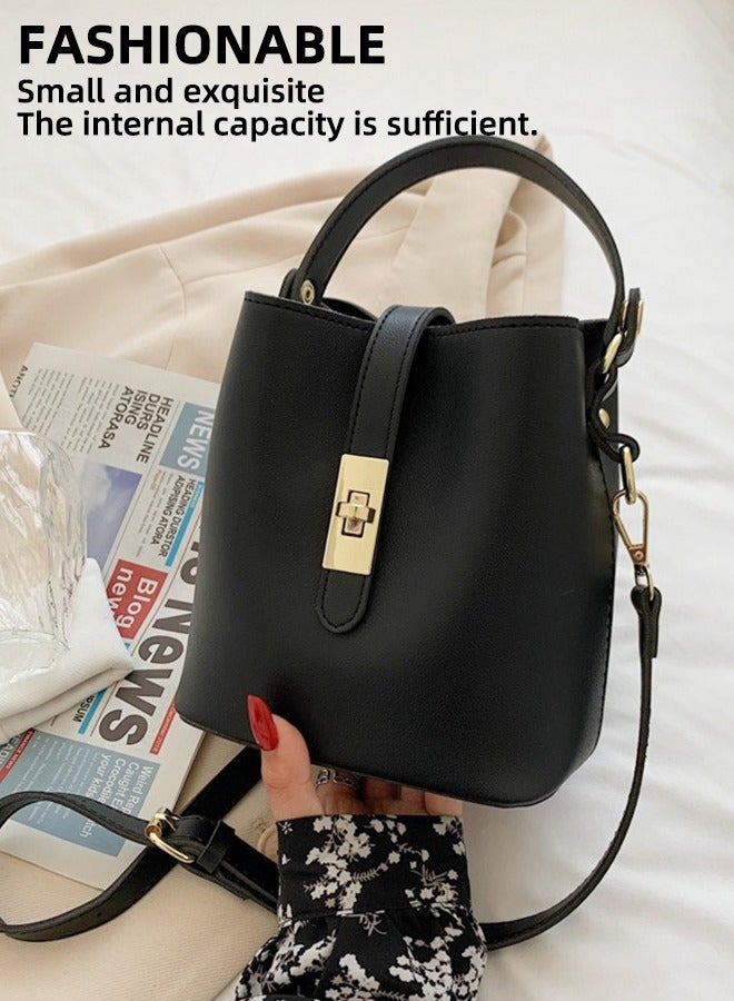 Simple And Versatile Temperament Shoulder Bag | Minimalist Bucket Bag | High-Quality Pu Tote Bag | Women'S Commuter Fashionable Crossbody Bag | Adjustable Shoulder Strap/Crossbody Bag | Chic And Compact Design (18 Cm) | Luxurious Black With Gold Hardware Versatile - Image 2