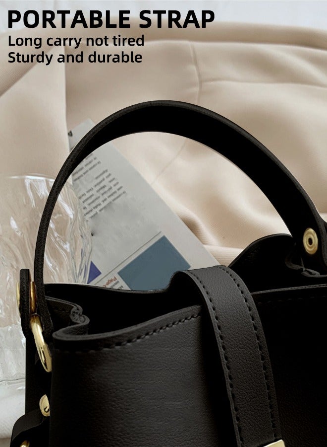 Simple And Versatile Temperament Shoulder Bag | Minimalist Bucket Bag | High-Quality Pu Tote Bag | Women'S Commuter Fashionable Crossbody Bag | Adjustable Shoulder Strap/Crossbody Bag | Chic And Compact Design (18 Cm) | Luxurious Black With Gold Hardware Versatile - Image 3