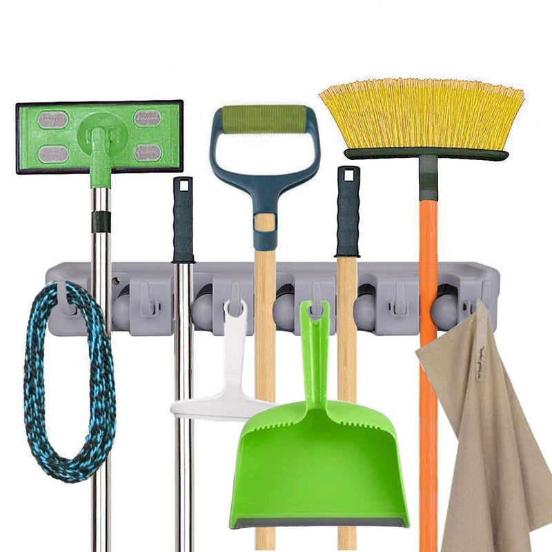 ANKZWEE Mop and Broom Holder Wall Mount Heavy Duty Broom Holder Wall Mounted or Tool Organizer for Home Garden Garage and Storage 5 Positions with 6 Hooks Multicolor  - Image 1