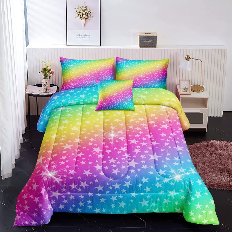 ROWADALO 5 Pieces Rainbow Glitter Comforter Set Twin Size Galaxy Starry Sky Bedding Sets 5 Pieces Bed in A Bag for Kids Teen Girls Ultra Soft AllSeason Girls Sparkles Comforter SetDJTGB5004Twin