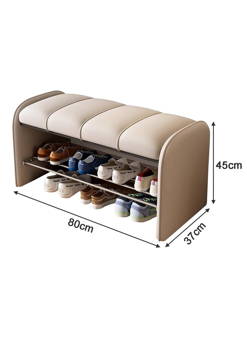 XiuWoo Modern 2-Tier Shoe Storage Bench with Premium Faux Leather Cushion & Solid Wood Frame Multi-Functional Entryway Organizer for Hallway Bedroom Living Room Compact 80cm Design - Image 2