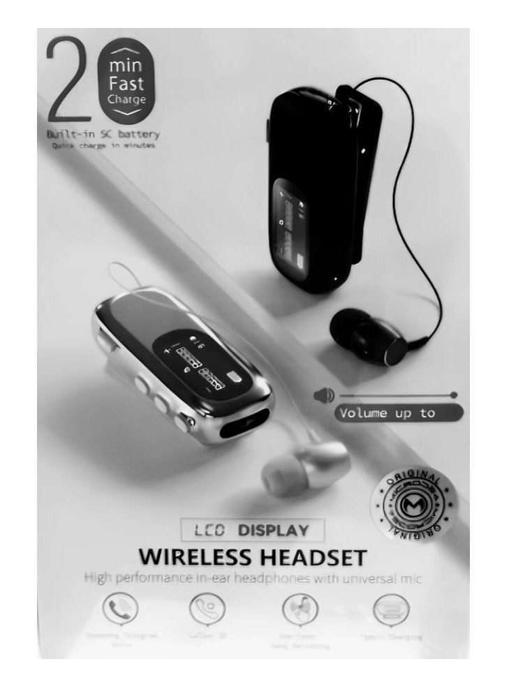 WIRELESS Headset in-Ear Retractable Earphone Hands-free Sport Driver Earphone Telescopic Clip on Stereo Earbud With Mic and LCD Display Screen - Image 1