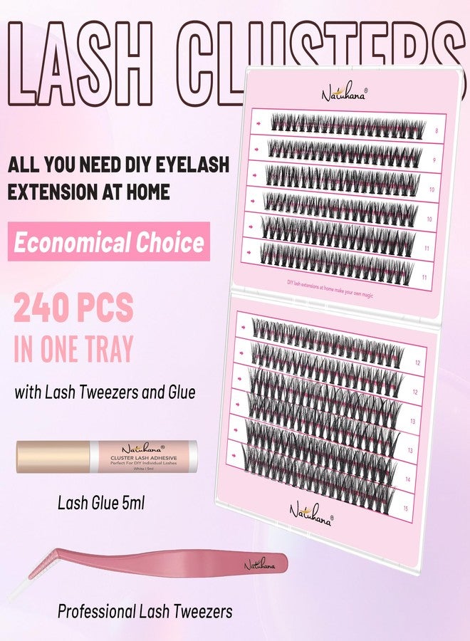 Natuhana Lash Clusters Kit 240Pcs Wispy Eyelash Extensions C Curl 8-15mm Volume Individual DIY Lashes with Glue and Tweezers(40P, Black, 8-15mm) - Image 2