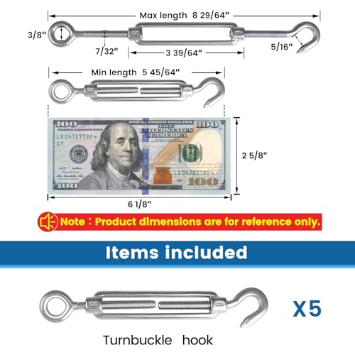 Muzata 5 Pack M6 Turnbuckle Stainless Steel Turnbuckles for Cable Wire Hook and Eye Cable Tensioner Heavy Duty Wire Rope Tension Hardware Kit for DIY String Light Hanging CN11 - Image 3