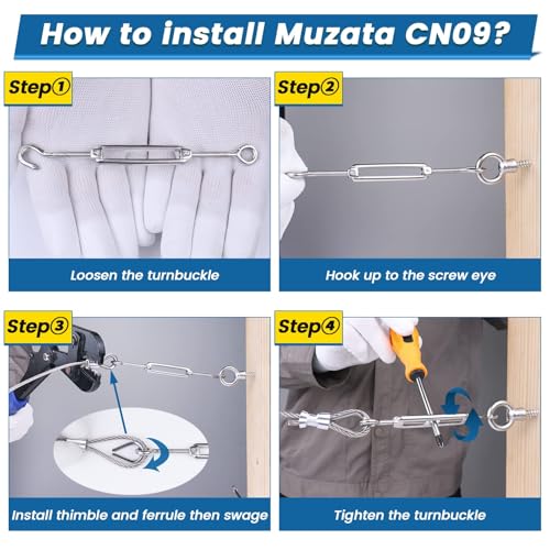 Muzata 5 Pack M6 Turnbuckle Stainless Steel Turnbuckles for Cable Wire Hook and Eye Cable Tensioner Heavy Duty Wire Rope Tension Hardware Kit for DIY String Light Hanging CN11 - Image 5