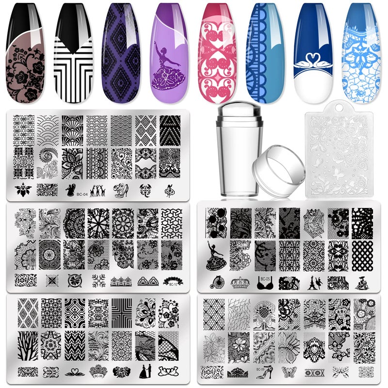 Biutee 5pcs Nail Stamping Plates + 1 Stamper + 1 Scraper Lace Flower Animal Pattern Nail Art Stamp Stamping Template Image Plate Nail Art Stamper Scraper Nails Tool - Image 1