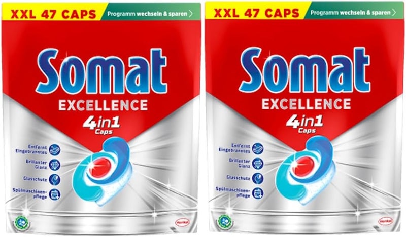 Somat Excellence 4-in-1 Caps, 94 Caps (2 x 47 Caps), Quick Resolution Dishwasher Tablets, Somat Caps for Excellent Cleaning and Shine Even in the Eco Program and at Low Temperatures