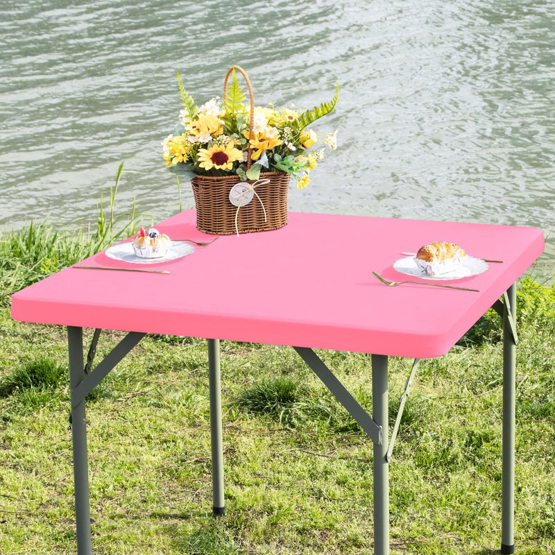 Nacuci Square Fitted Table Cover Elastic Tablecloth Stretch Spandex Table Topper Cap Cover for Dining Kitchen Home Party Pink 34X34 Inch - Image 1
