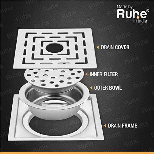 Ruhe® Sapphire Floor Drain/Jali | 304 Grade Stainless Steel Sapphire Floor Drain/Jali Square with Trap (with Hole) Set of 2 (6 x 6 inches) - Image 3