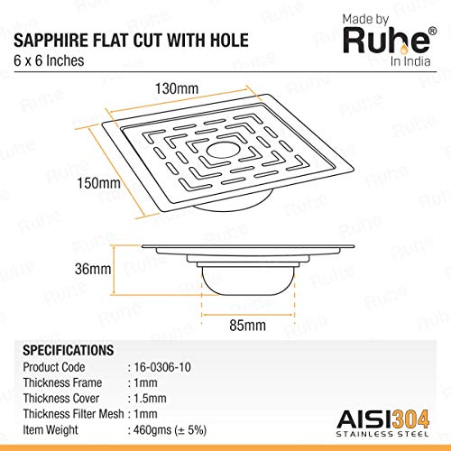 Ruhe® Sapphire Floor Drain/Jali | 304 Grade Stainless Steel Sapphire Floor Drain/Jali Square with Trap (with Hole) Set of 2 (6 x 6 inches) - Image 2