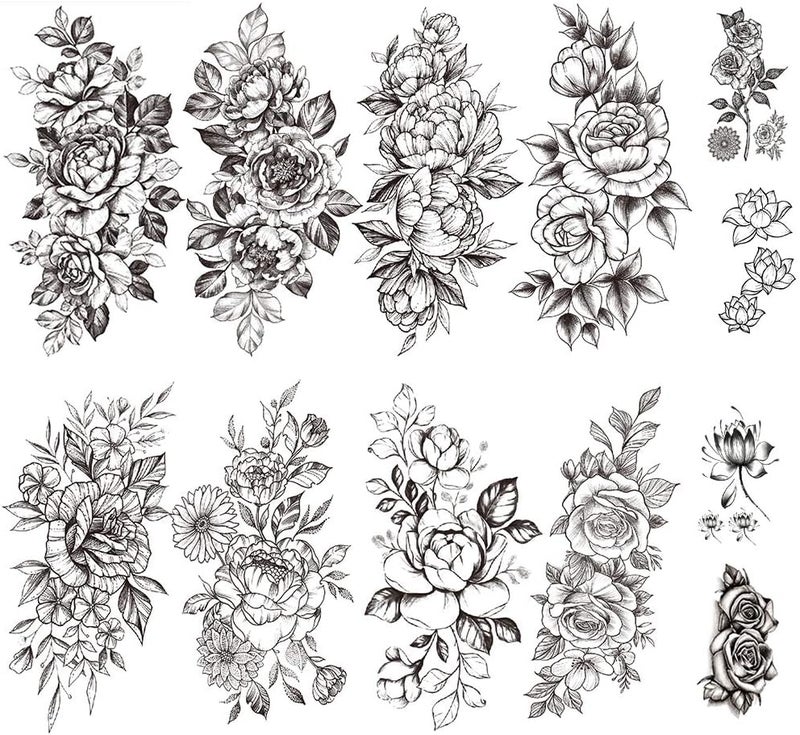 Yesallwas 12 Sheets Black Flower Tattoo Sleeves Temporary Water Transfer Stickers With Peony Rose Designs Sexy Arm Body Art for Girls A