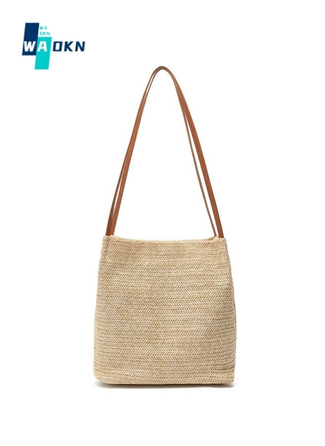 WAOKN - Women's Handwoven Shoulder Bag, Ladies Simple Literary Handbag Clutch Bag Tote Bags, Large-capacity Handbag Cosmetic Storage Bag Carry Bags Side Bag for Girls, College Students and Teenagers - Image 1
