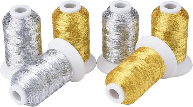 simthread 6 Spools Metallic Embroidery Machine Thread (3 Gold+ 3 Silver Colors) 500M(550Y) for Embroidery and Decorative Sewing - Image 3