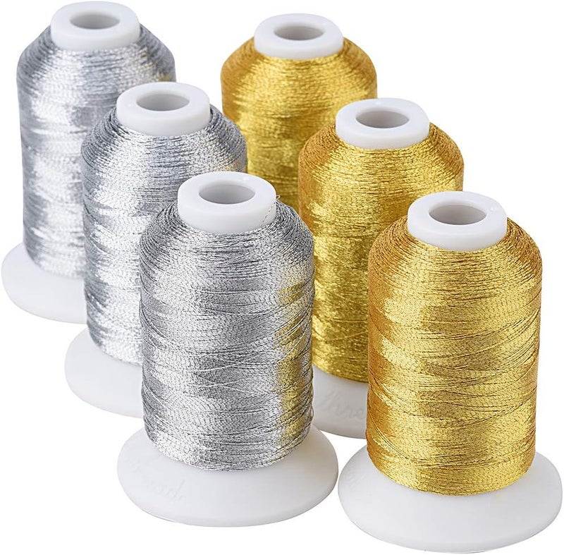 simthread 6 Spools Metallic Embroidery Machine Thread (3 Gold+ 3 Silver Colors) 500M(550Y) for Embroidery and Decorative Sewing - Image 1