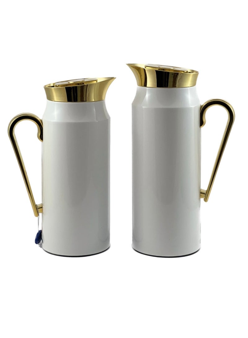 Homemaker 2-Piece Tea & Coffee Flask - 0.75 Liter & 1 Liter Capacity - Glass Inner - Steel Body - White & Gold - Image 1