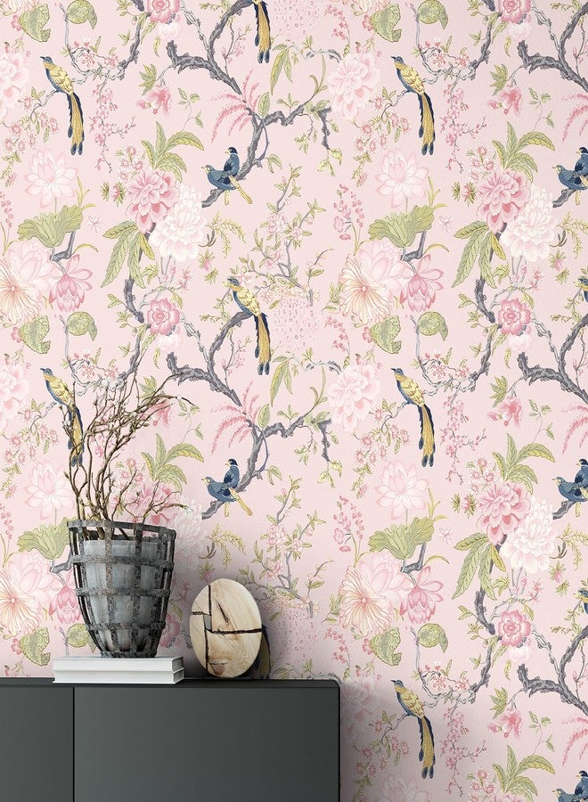 Drydiet Chinoiserie Peel and Stick Wallpaper Removable Self Adhesive Wallpaper Floral Birds Contact Jacobean Vintage Contact Paper for Bedroom(Blush,118.1" X 15.75") - Image 1