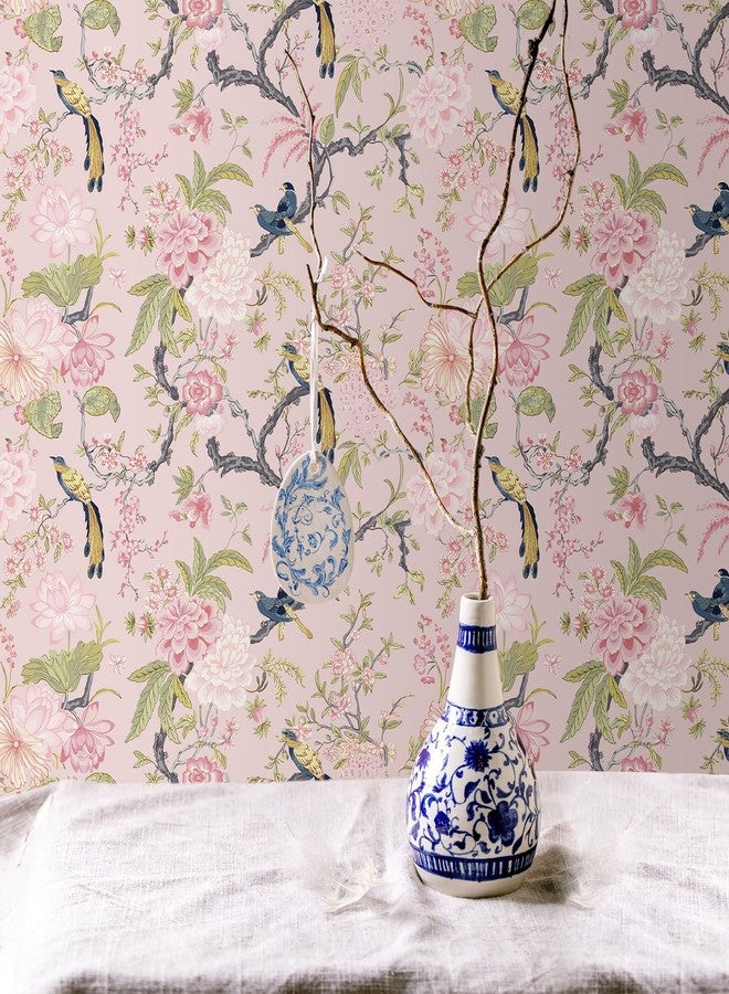 Drydiet Chinoiserie Peel and Stick Wallpaper Removable Self Adhesive Wallpaper Floral Birds Contact Jacobean Vintage Contact Paper for Bedroom(Blush,118.1" X 15.75") - Image 3