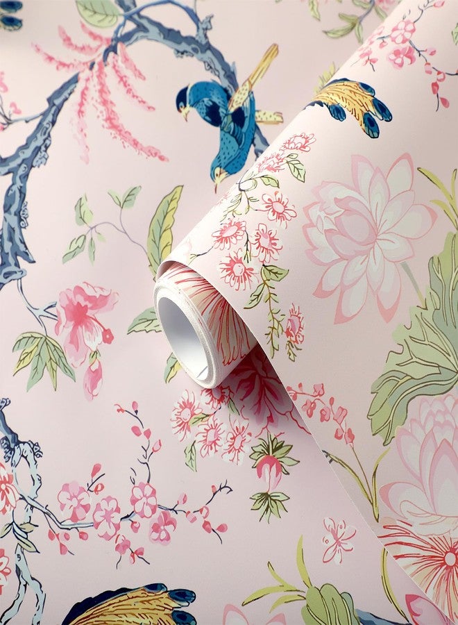 Drydiet Chinoiserie Peel and Stick Wallpaper Removable Self Adhesive Wallpaper Floral Birds Contact Jacobean Vintage Contact Paper for Bedroom(Blush,118.1" X 15.75") - Image 2