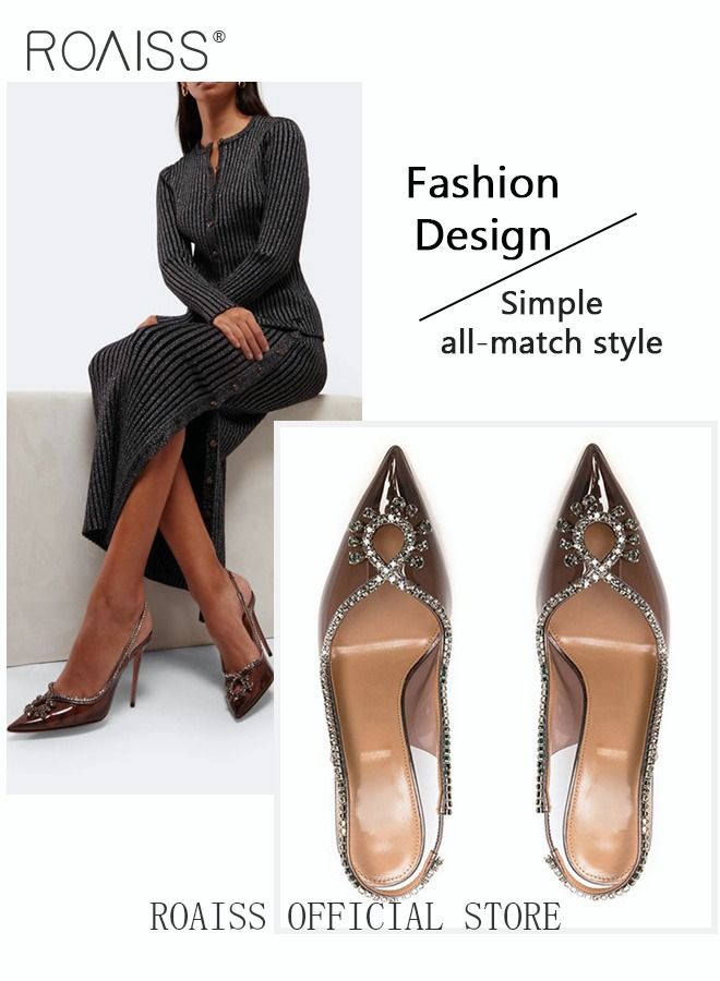 roaiss Women Rhinestone Decor Slingbacks PVC Stiletto Heeled Glamorous Pumps Fashion Crystal High Heels Slip On Slingback Pointed Closed Toe Transparent PVC Dress Wedding Sandals Summer Shoes - Image 3