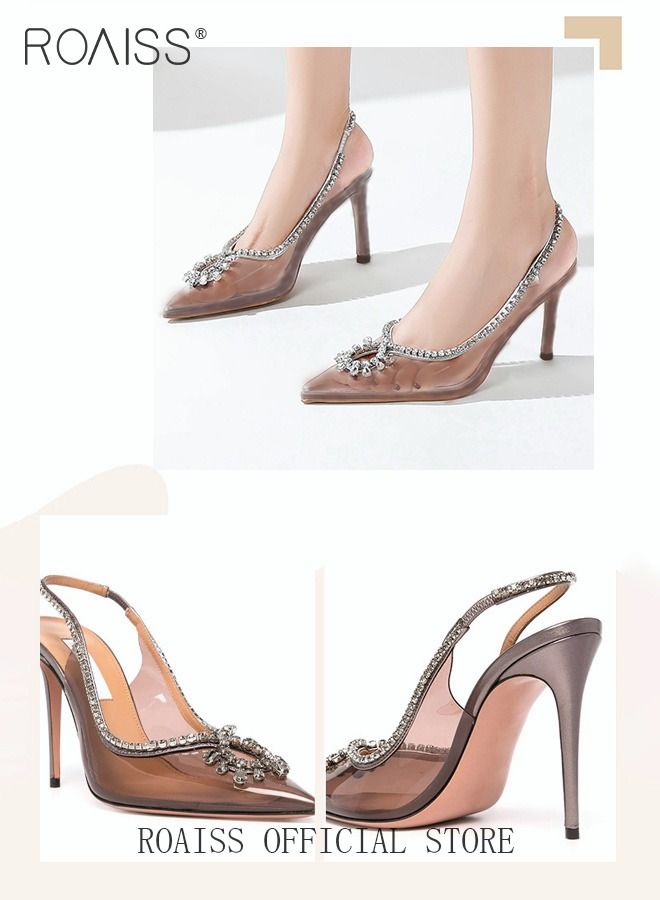 roaiss Women Rhinestone Decor Slingbacks PVC Stiletto Heeled Glamorous Pumps Fashion Crystal High Heels Slip On Slingback Pointed Closed Toe Transparent PVC Dress Wedding Sandals Summer Shoes - Image 4