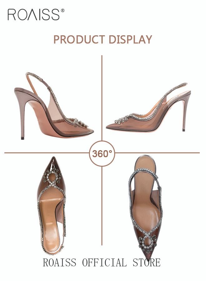 roaiss Women Rhinestone Decor Slingbacks PVC Stiletto Heeled Glamorous Pumps Fashion Crystal High Heels Slip On Slingback Pointed Closed Toe Transparent PVC Dress Wedding Sandals Summer Shoes - Image 5