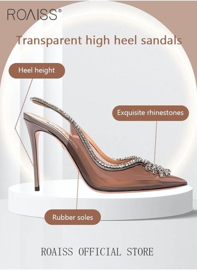 roaiss Women Rhinestone Decor Slingbacks PVC Stiletto Heeled Glamorous Pumps Fashion Crystal High Heels Slip On Slingback Pointed Closed Toe Transparent PVC Dress Wedding Sandals Summer Shoes - Image 1