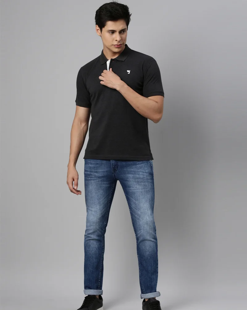 Joven Men Black Melange Solid Polo Collar Pure Cotton T-Shirt