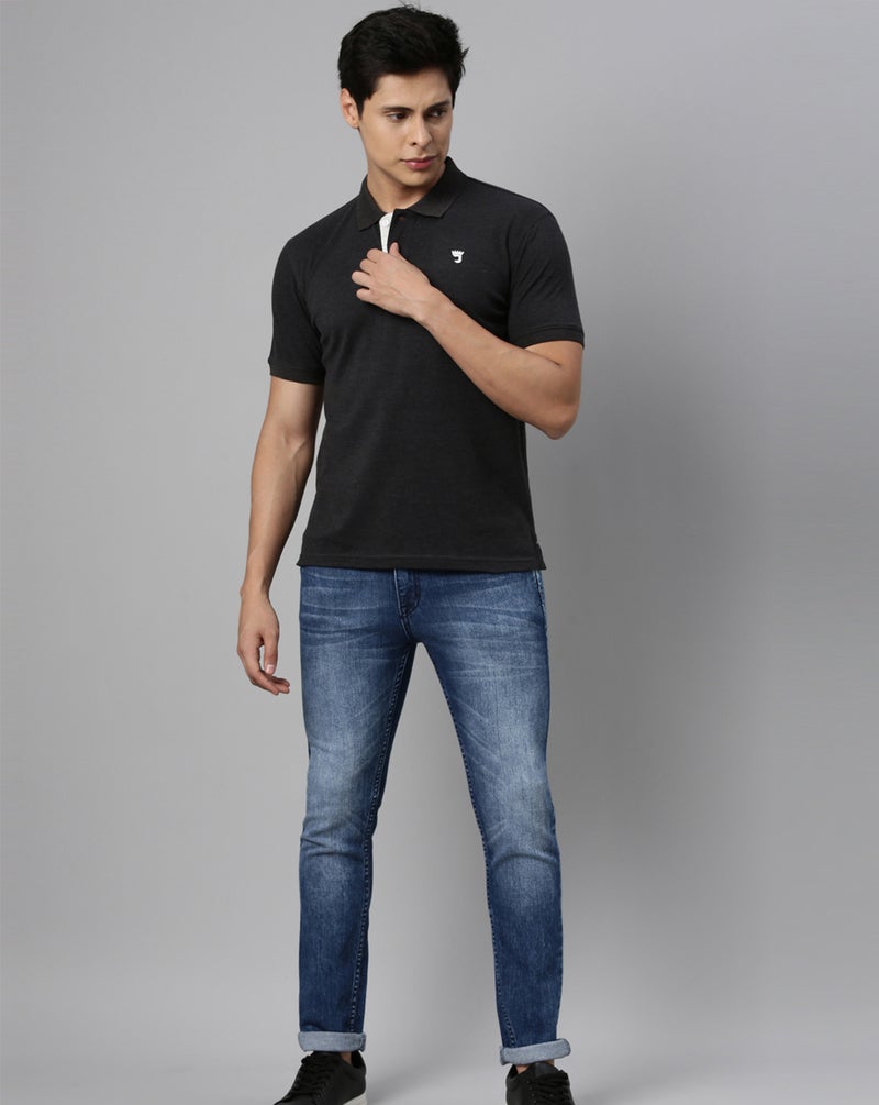 Joven Men Black Melange Solid Polo Collar Pure Cotton T-Shirt - Image 5