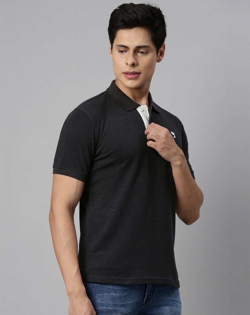Joven Men Black Melange Solid Polo Collar Pure Cotton T-Shirt - Image 3