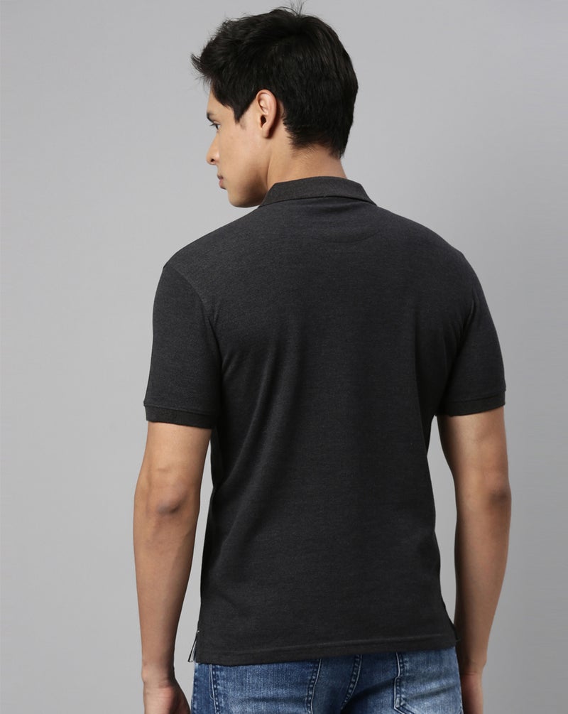 Joven Men Black Melange Solid Polo Collar Pure Cotton T-Shirt - Image 2