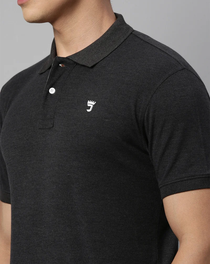 Joven Men Black Melange Solid Polo Collar Pure Cotton T-Shirt