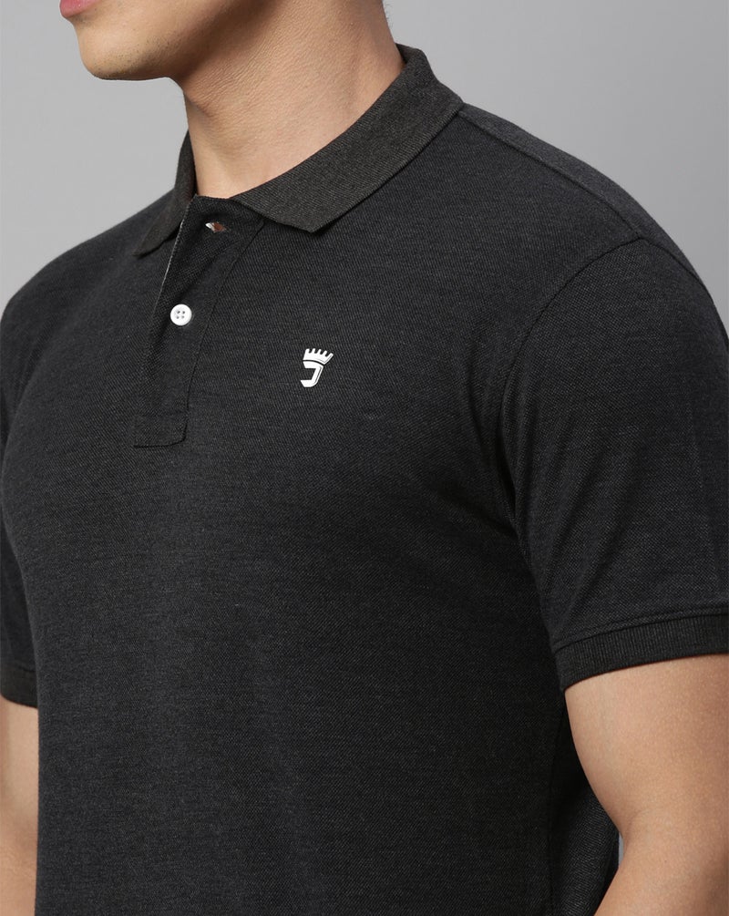 Joven Men Black Melange Solid Polo Collar Pure Cotton T-Shirt - Image 4