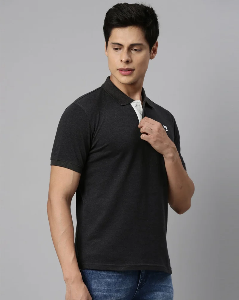 Joven Men Black Melange Solid Polo Collar Pure Cotton T-Shirt