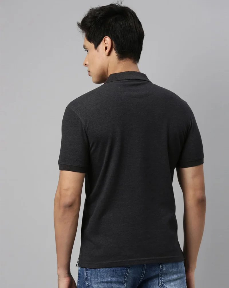 Joven Men Black Melange Solid Polo Collar Pure Cotton T-Shirt