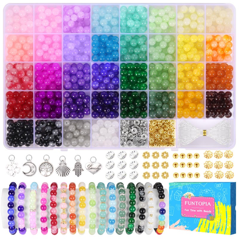 Funtopia 8mm Glass Beads for Bracelets, 36 Colors Crystal Beads for Jewelry Making, 1061pcs Bracelet Making Kit, Round Glass Bead for DIY Earrings Necklace Crafts with Spacer Bead and Charms - Image 1